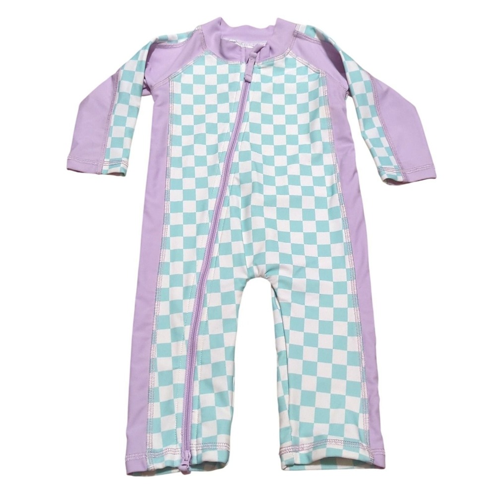 Caden Lane Baby 3-6M Purple Checker Blue White Romper One Piece Swimsuit Zipper